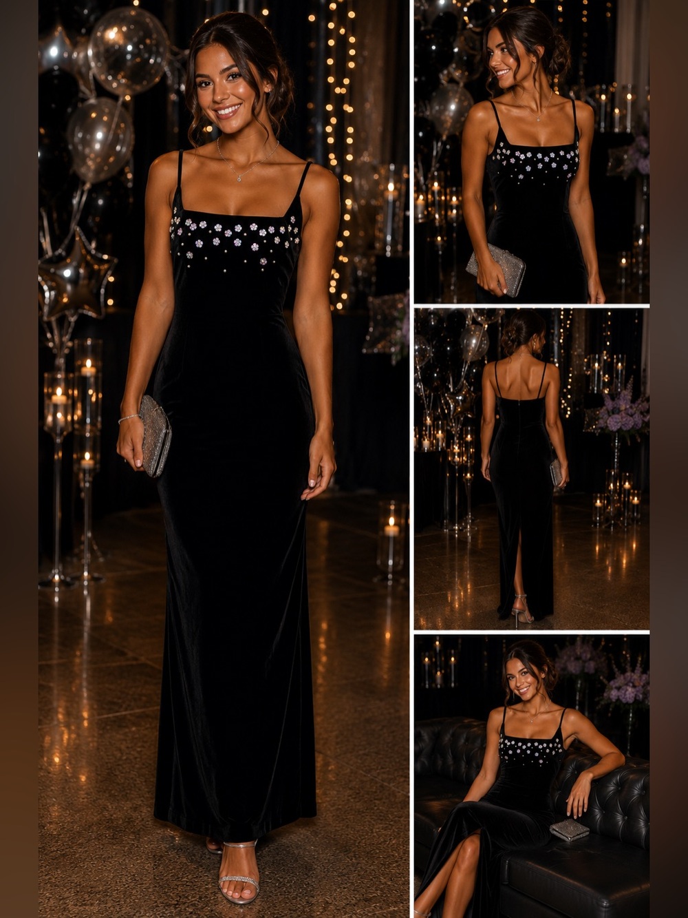 Betsy & Adam Y2K Black Velvet Beaded Formal Gown L 10 Petite Evening Prom Dress